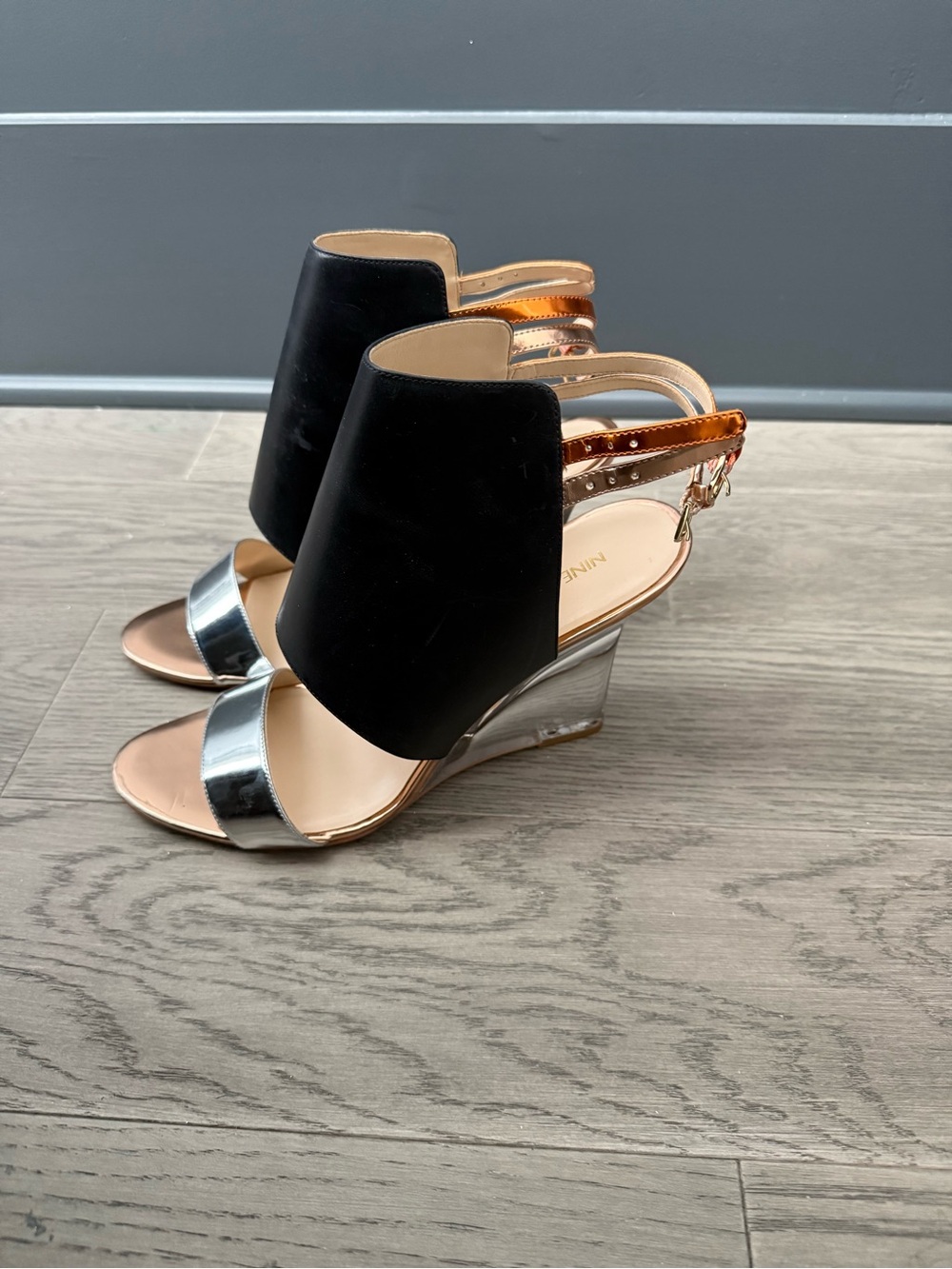 Nine West Black and Silver Wedge Slingbacks